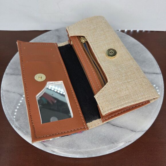 Boho Colorful Embroidered Wallet Clutch Womens Beige Pom Pom Trim Festival - Picture 2 of 9